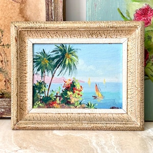 Vintage painting, oil on wood, framed, Mediterranean landscape scene, signed