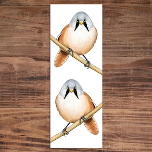 Könnte beinhalten: Lesezeichen mit zwei Illustrationen von kleinen Vögeln auf einem Ast. Die Vögel haben graue Köpfe, schwarze Schnäbel und beige und orangefarbene Flügel. Der Hintergrund ist weiß und der Ast ist hellbraun.