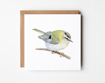Cartão Firecrest, cartão de saudação de pássaros, cartão de vida selvagem em branco