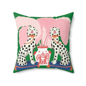 Pillow-Spotted Dogs figurine w pink peacock feathers in Chinese vase Spun Polyester Square Pillow