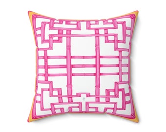 Pillow-Pink and Green Chinoiserie Chic Bamboo Chinese Pagoda Trellis frame Spun Polyester Square Pillow