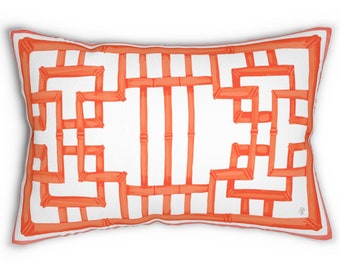Lumbar Pillow-Coral Bamboo Trellis Frame Chinoiserie Spun Polyester Lumbar Pillow 20"x14"