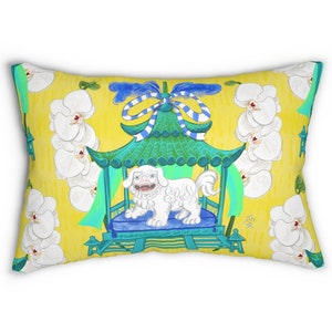 Lumbar Pillow- A White Chinese fu dog in pagoda Yellow Chinoiserie Lumbar Pillow