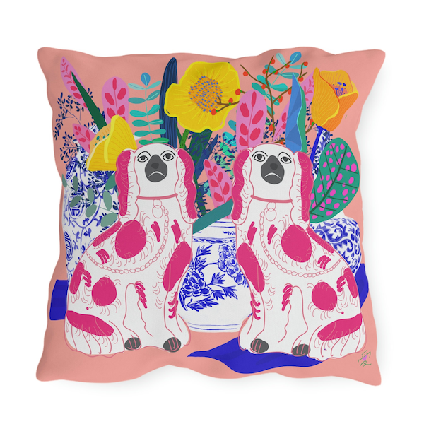 Outdoor Pillow -Pink Staffordshire Dogs Seating with Blue and White chinese ginger Jar Collection PINK