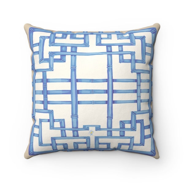 Pillow- Sky Blue Chinoiserie Chic Bamboo Chinese Pagoda Trellis frame Spun Polyester Square Pillow