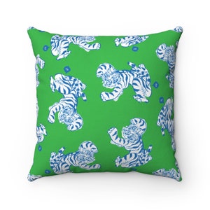 Green Dancing Tigers Maximalism Lover's Spun Polyester Square Pillow