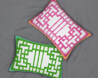 Pink & Green Bamboo Trellis Lumbar Pillow, 20x14