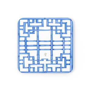 Blue and White Chinoiserie Chic Bamboo Chinese Pagoda Trellis frame Corkwood Coaster Set