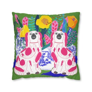 Pillow Case- A Pair of Staffordshire Dog figurine w Blue and White Chinese ginger jars Spun Polyester Square Pillow Case