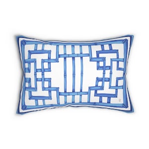 Lendenkissen- Blau-Weiß Chinoiserie Bambusgitter Lendenkissen aus gesponnenem Polyester 20 &quot;x 14&quot;