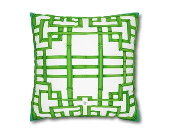 Federa per cuscino Chinoiserie Chic – Traliccio di bambù verde, quadrato in poliestere