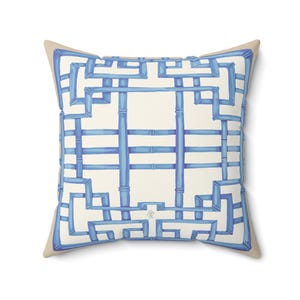 Oreiller - Cadre en treillis de pagode chinoise en bambou chic, chinoiseries bleu ciel, oreiller carré en polyester filé