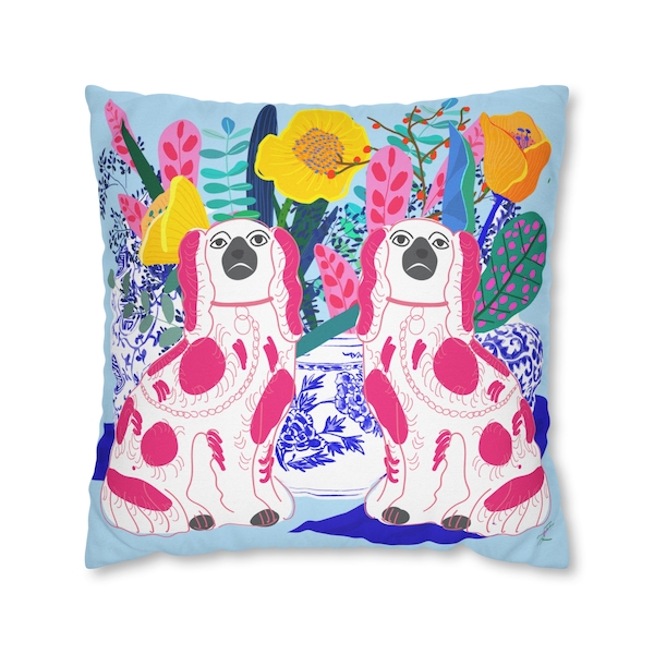 Pillow Case- A Pair of Pink Staffordshire Dog figurine w Chinese ginger jars Spun Polyester Square Pillow Case