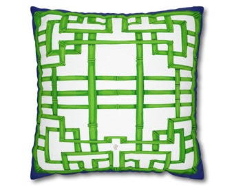 Pillow Case- Green Bamboo Trellis with Navy border Spun Polyester Square Pillow Case