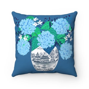 Pillow- Blue Hydrangea Flowers in Blue and White Chinese ginger Jar Deep blue Chinoiserie Chic Spun Polyester Square Pillow