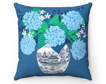 Blaues Hortensienkissen - Chinoiserie Ginger Jar Design
