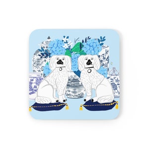 Coaster Set- White Staffordshire Dogs with Blue and White Chinese ginger Jar Collection Sky Blue Corkwood Coaster Set