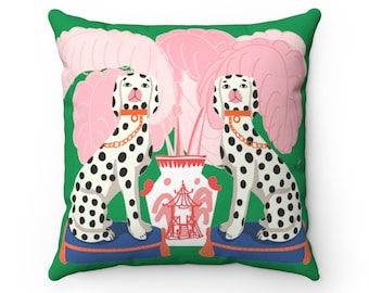 Pillow Case- A Pair of spotted Dog figurine w pink peacock feathers in Chinese vase Spun Polyester Square Pillow Case