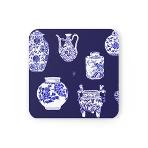 Coaster Set- Blue and White Chinoiserie ginger Jar Collection Navy Corkwood Coaster Set