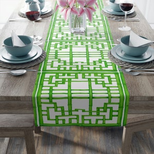 Table Runner (Cotton, Poly)- Green Bamboo Trellis Frame Table Runner