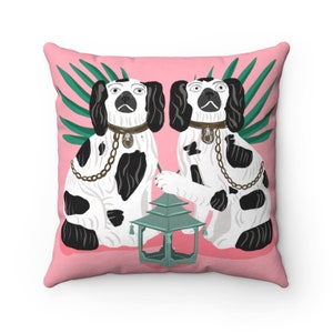 Pillow- Black and White staffordshire style dogs seating with Pagoda Pink Spun Polyester Square Pillow