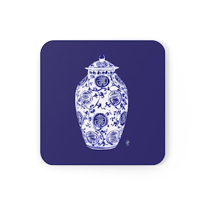 Coaster Set- Double happiness Blue and White Chinoiserie ginger Jar Navy Corkwood Coaster Set