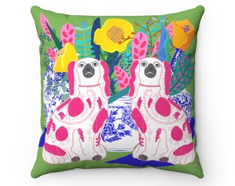 Cojín con perros de Staffordshire: Diseño de tarro de jengibre rosa y azul