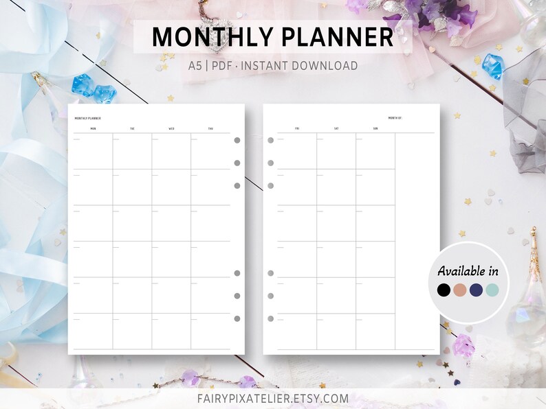 Printable Monthly A5 Calendar Template 2 Page Fillable Blank Planner ...