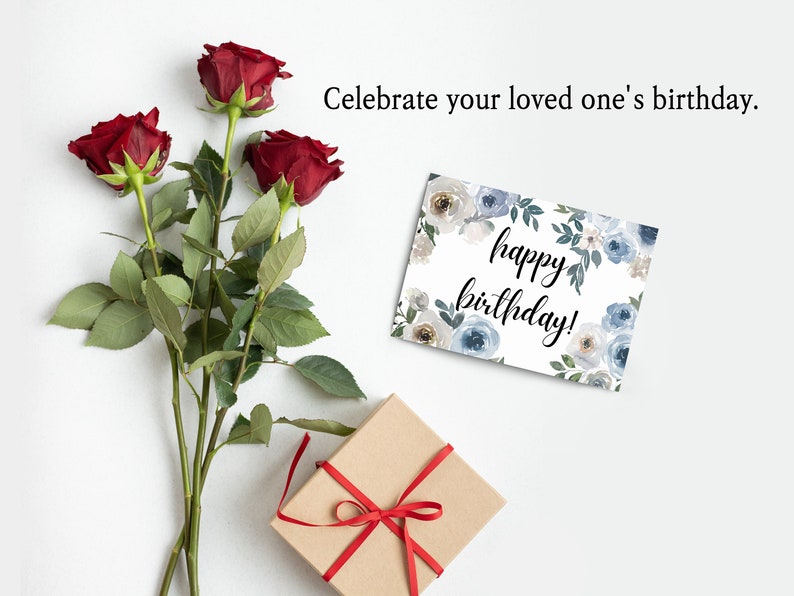 Printable Birthday Greeting Card Blue Flower Floral Etsy