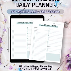 Daily 24 hour time tracking US Letter planner | printable visual diary | fillable routine time blocks | task list | simple timetable PDF