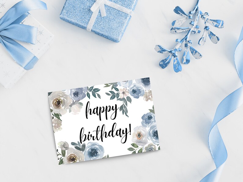 Printable Birthday Greeting Card Blue Flower Floral Etsy