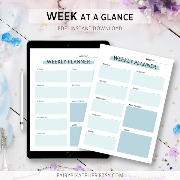A5 weekly planner at a glance | One-page diary | Simple and cute editable instant download pdf | printable Ring Binder & clear file  inlay