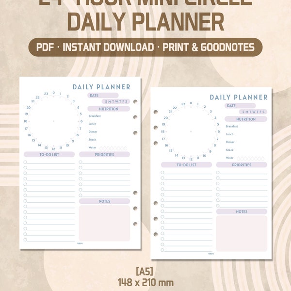 Daily 24-hour circle chart planner, printable visual diary, fillable routine time blocks, circular task list, simple pie sheet PDF template