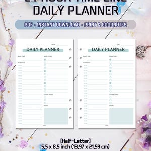 Daily 24-hour time tracking Half-Letter planner | printable H-Letter diary | routine time blocks | task list | timetable PDF template
