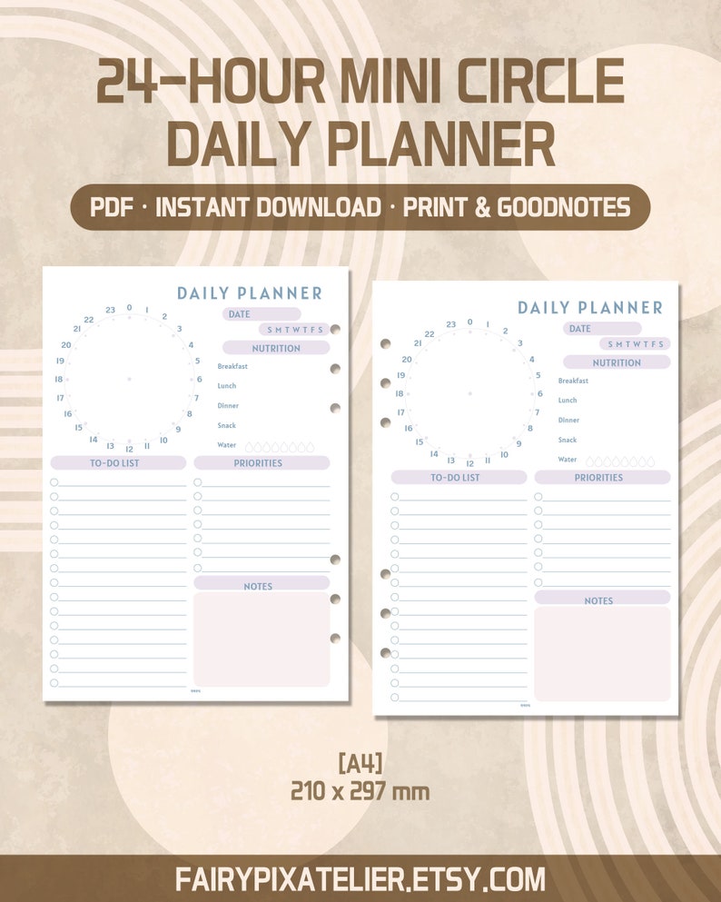 Simple 24 Hour Circle A4 Daily Planner Printable &amp; Goodnotes Instant ...