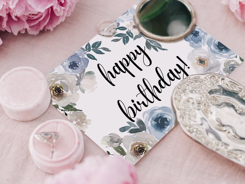 Printable Birthday Greeting Card Blue Flower Floral Etsy