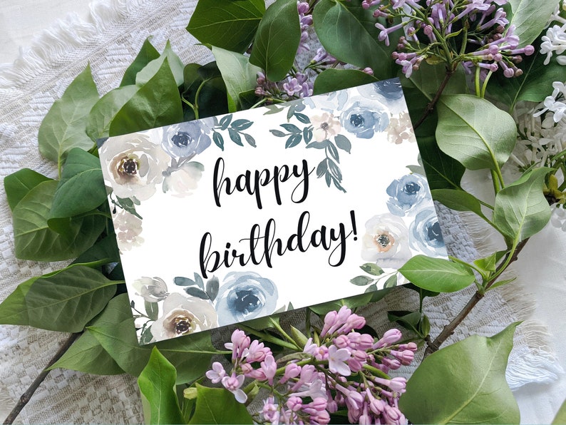 Printable Birthday Greeting Card Blue Flower Floral Etsy