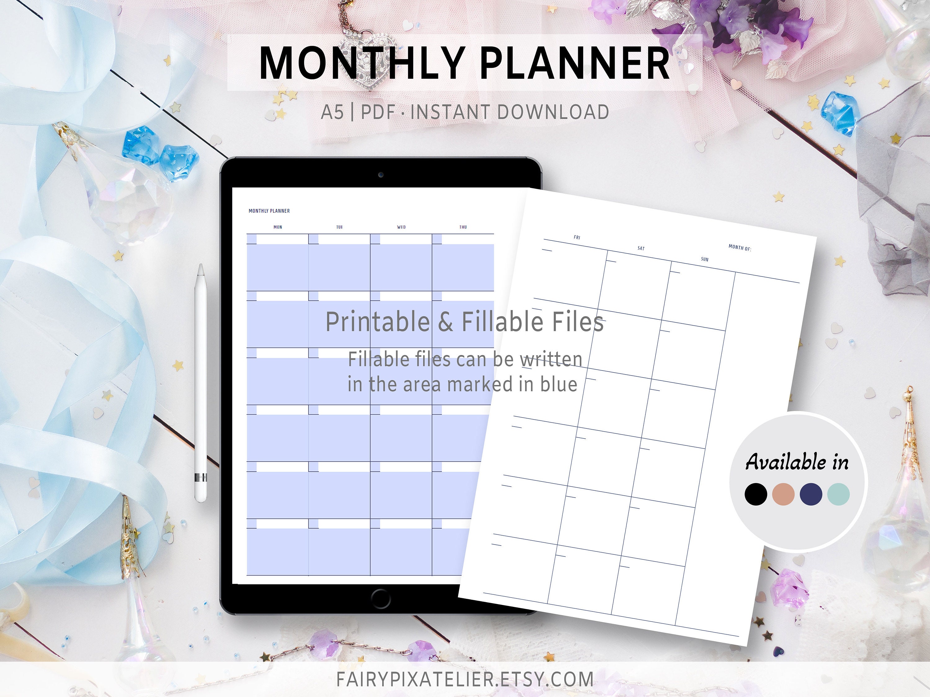 Printable Monthly A5 Calendar Template 2 Page Fillable Blank Planner ...