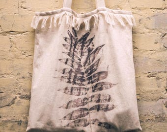 Eco Print Cotton Tote Bag with Fringe Botanical Leaf Pint Shopper Boho Market Bag Artisan Sustainable Gift for Her Natural Dye One of a kind