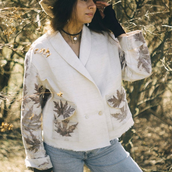 Hemp cropped jacket with ecoprint. Undyed homespun antique canvas jacket. Double-breasted oversized unisex blazer. Womens linen boho cape.