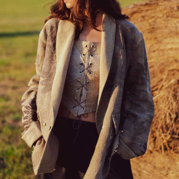 Homespun hemp blazer, Homespun antique canvas with ecoprint jacket, Double-breasted oversize jacket, Unisex blazer, Western look jacket