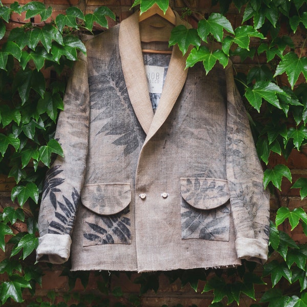 Men's homespun hemp blazer Antique canvas with ecoprint jacket Heavy linen oversize jacket Man bohemian blazer rustic raw edged natural dye