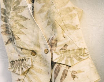 Chaleco de algodón con estampado ecológico botánico, teñido natural, estilo rústico bohemio, para festivales, estilo japonés, Wabi Sabi, pieza única.