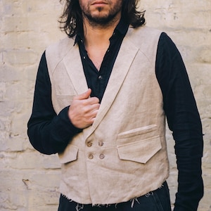Men’s Linen Boho Vest Natural Flax Gilet with Raw Edges Wabi Sabi Waistcoat Organic Statement Piece avant garde Artsy Raw Rustic Disstressed