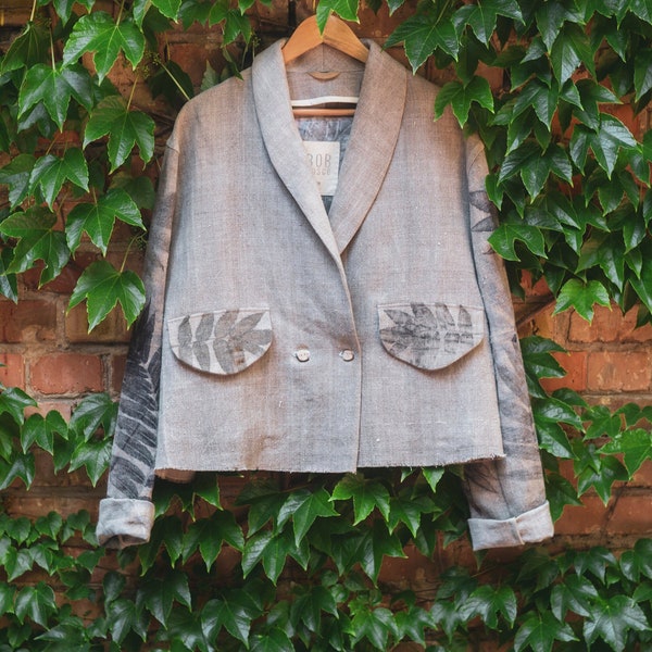 Hemp bohemian oversize blazer. Crop jacket with ecoprint. Undyed homespun vintage canvas blazer. Double-breasted unisex jacket