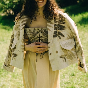 Boho oversize ecopinted jacket. Bohemian homespun hemp blazer. Women’s heavy linen with leaf imprint coat. Homespun canvas jacket. Raw edged