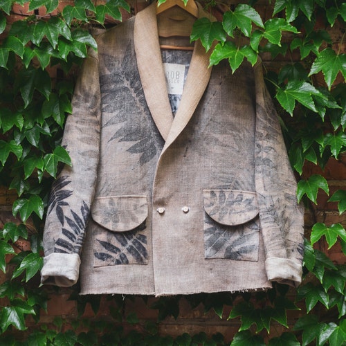 Eco Printed Men’s Blazer Botanical Dyed Linen Jacket Rustic Wabi Sabi Outerwear Heavy Canvas Coat Raw Edge Natural Earth Tone Statement