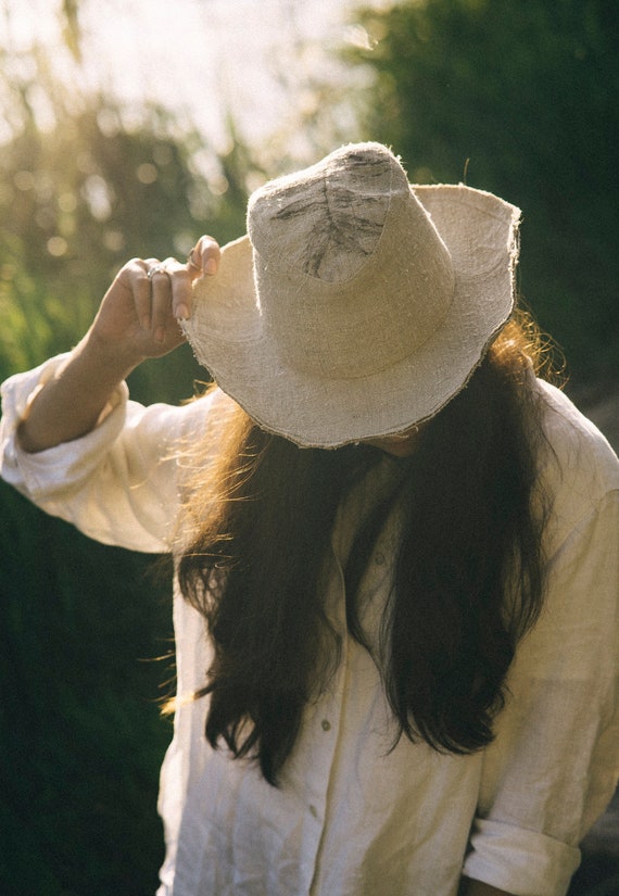Cowgirl unique linen hat, Rustic homespun hemp sun hat, Raw edged wide brimmed ecoprinted hat, Vintage canvas hat, Cowboy handmade hat