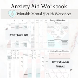 Puede incluir: Cuaderno de trabajo de ayuda para la ansiedad imprimible con un corazón azul claro y un signo más. El cuaderno incluye hojas de trabajo para resolver un problema, identificar los desencadenantes y controlar la ansiedad. También se incluye el texto "Descarga instantánea!"