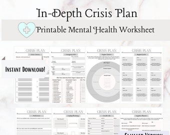 May include: A printable mental health worksheet titled "In-Depth Crisis Plan" with a plus sign and heart icon. The worksheet includes sections for crisis criteria, emergency info, support system, coping planning, self-care, and logistics planning.